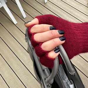 Unisex Angora Wool Fingerless Short Half Finger Winter Gloves Burgundy Color Mittens Great Christmas Gift image 3