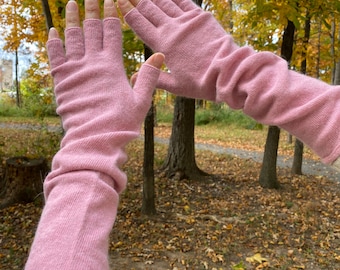 Pink Fingerless Lambswool Gloves: Knit Arm Warmers