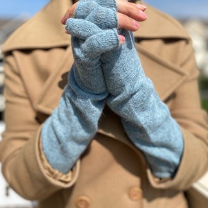 Warm Knit Gloves**Light Blue Fingerless Winter Gloves for Women**Wool Arm Warmers**Beautiful Gift For Christmas For Her