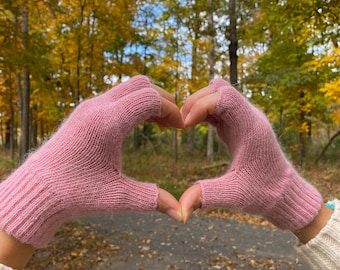 Pink Angora Wool Mittens Fingerless Half Finger Winter Gloves Womens Mittens Great Christmas Gift Ships From USA