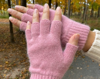 Mitaines en laine angora rose, mitaines, demi-doigts d'hiver, mitaines pour femme, excellent cadeau de Noël expédié depuis les États-Unis