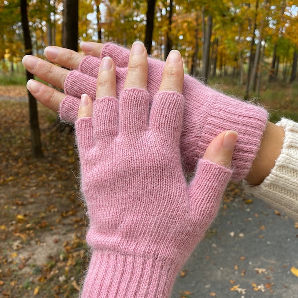 Pink Angora Wool Mittens Fingerless Half Finger Winter Gloves Womens Mittens Great Christmas Gift Ships From USA