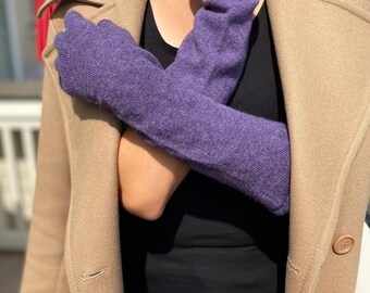 Purple Fingerless Lambswool Gloves: Knit Arm Warmers