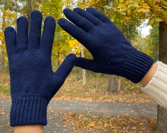 Unisex Angora Wool Over The Wrist Short FullFinger Winter Gloves Navy Blue Mittens Great Christmas Gift