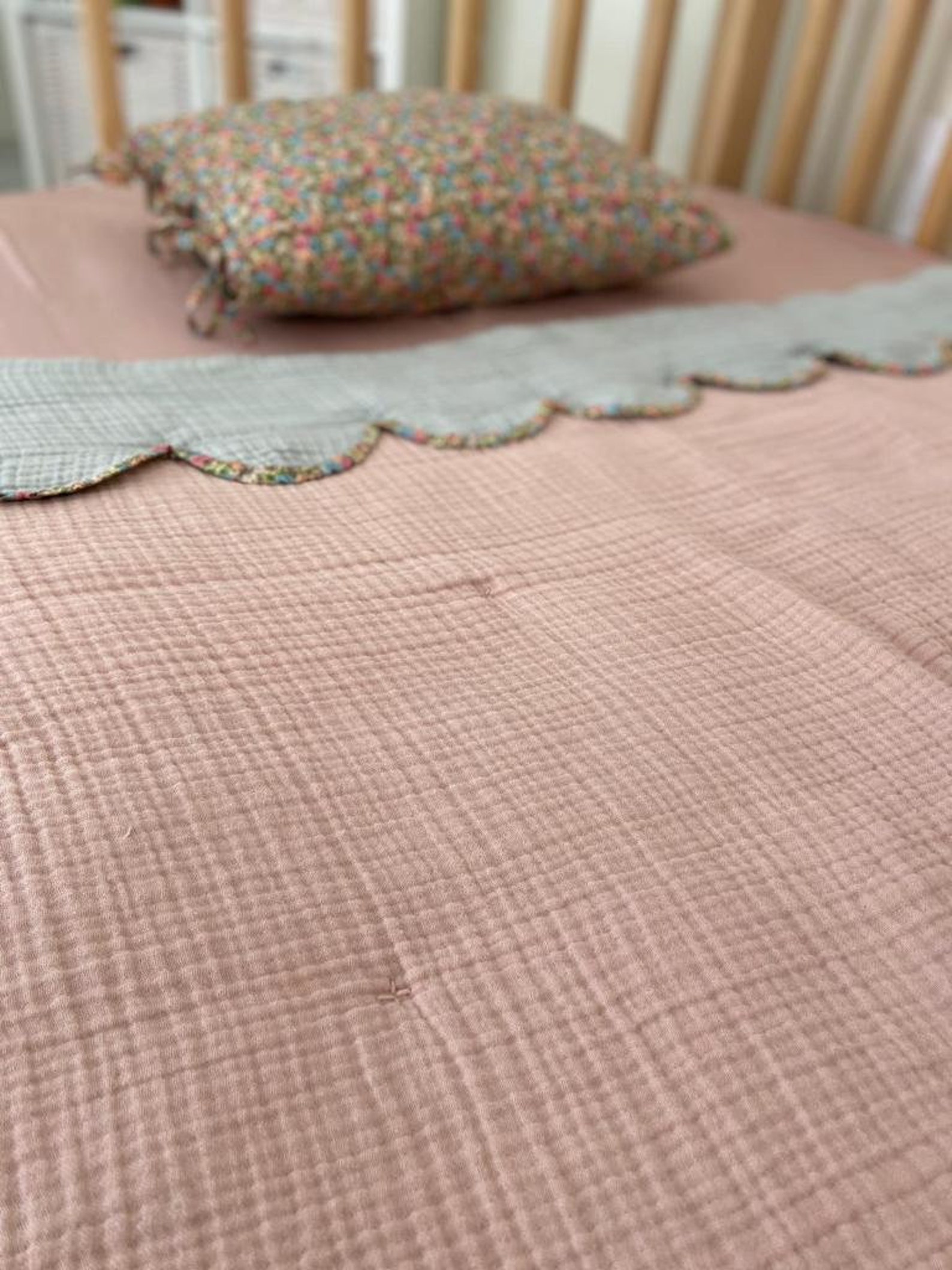 Muslin Floral Scalloped Edge Baby & Toddler Quilted Blanket, Double