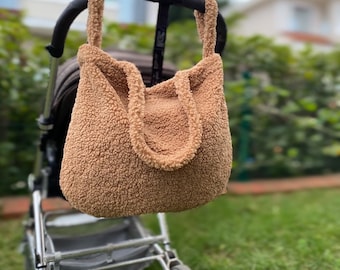 Fluffy fleece Teddy Mom Bag, Boho Large Shoulder tote bag, Luxury plush and Sherpa bag , Gift for mom, Warmth christmas gift,Postpartum Gift