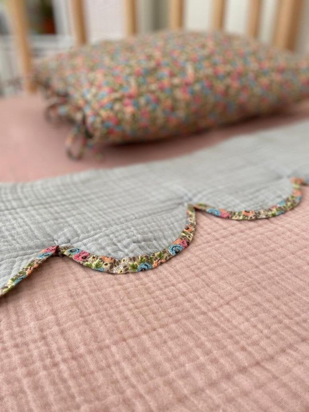 Muslin Floral Scalloped Edge Baby & Toddler Quilted Blanket, Double Gauze Toddler Muslin Bedding