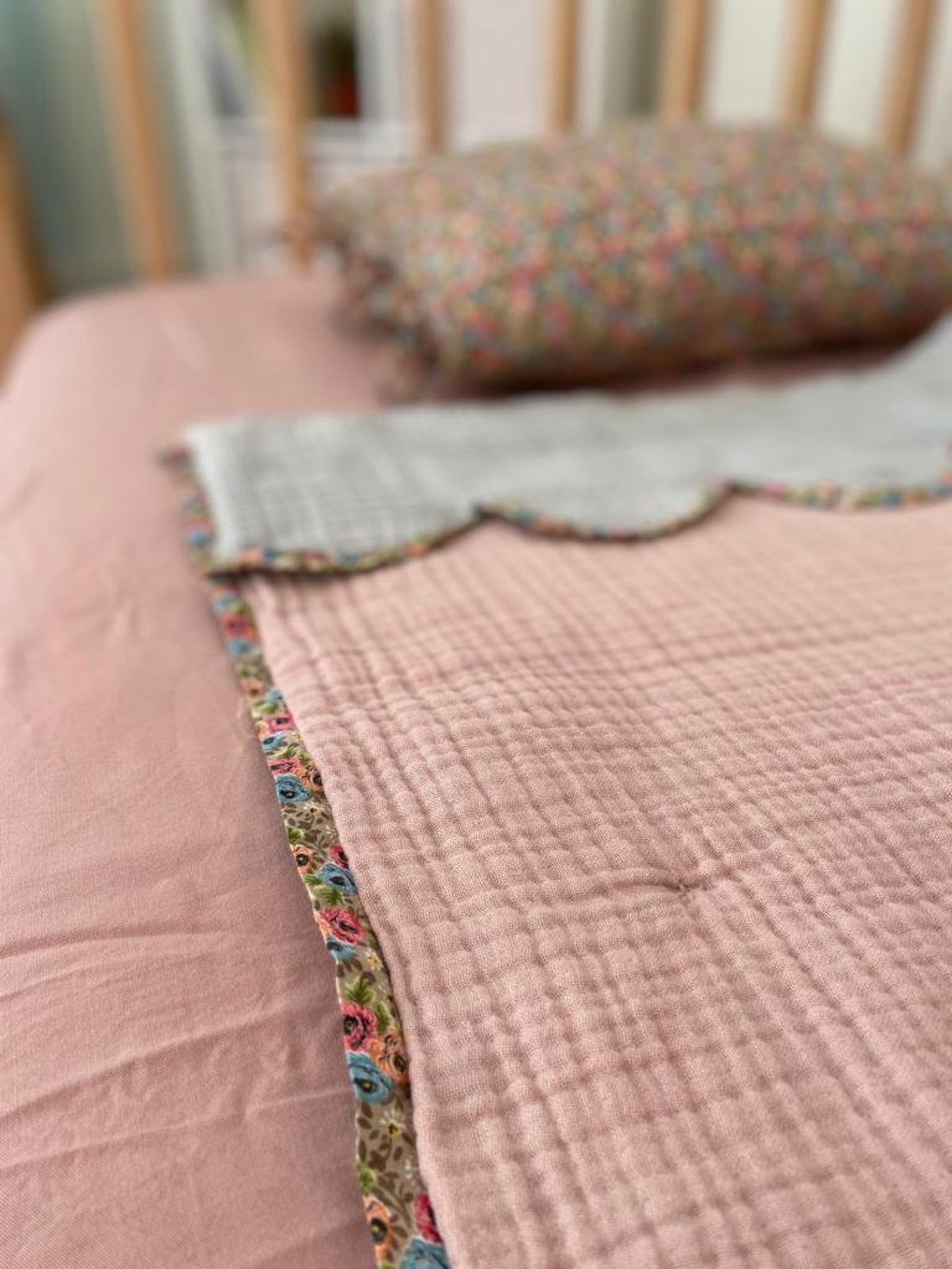 Muslin Floral Scalloped Edge Baby & Toddler Quilted Blanket, Double