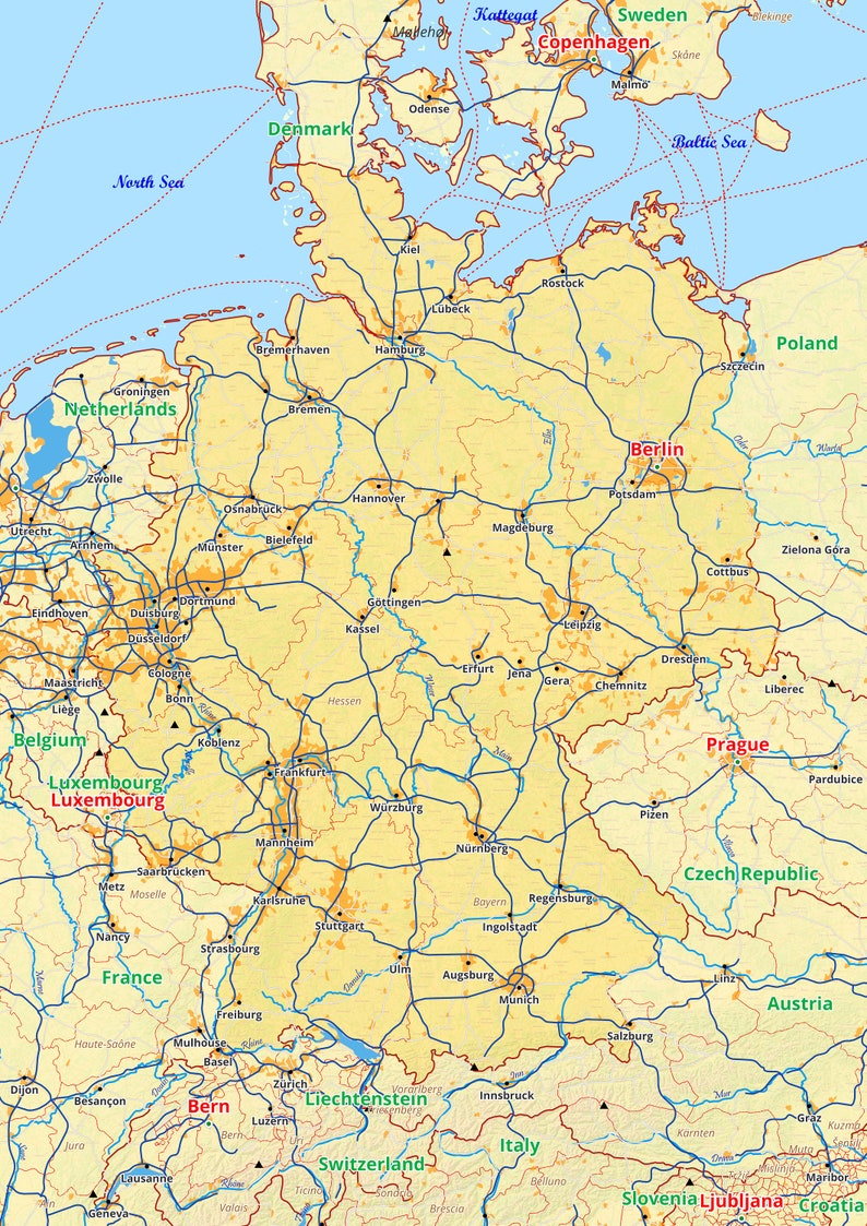 Map | Germany | Digital | Printable | Printable | Europe Countries ...