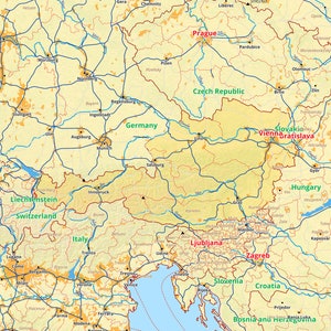 Può includere: Una mappa dell'Europa centrale che mostra i paesi di Germania, Austria, Repubblica Ceca, Slovacchia, Ungheria, Slovenia, Croazia, Bosnia ed Erzegovina, Italia e Svizzera. La mappa è etichettata con le principali città e fiumi.