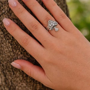 Adjustable Stainless Steel Mushroom Rings, 2 Styles Crescent Moon & Forest Cluster, Cottagecore Fairy Nature Statement Jewelry Gift Ideas.