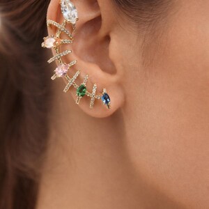 Women's Colorful Gemstone Ear Cuff - Gold Non Pierced Classic Evening Jewellery. Wedding, Party, Special Occasion Earring Accessory Gifts.