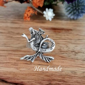 Mermaid ring. Handmade Zamac Silver Adjustable Ring . Ocean Fantasy Jewelry. Nautical Statement Ring.  Gift for Mermaid Lovers. Aquatic ring