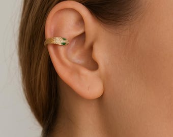 Gold Snake Ear Cuff: Green Cubic & Red Zirconia Serpent Cartilage Earring.