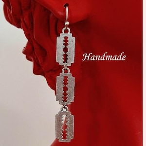 Handmade zamac silver razor blade earrings. Funky Grunge Punk Style Dangle Jewelry. Bold Edgy Statement Accessory for Alternative Fashion