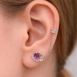 Stunning Double Piercing Titanium Gold/Silver Gemstone Chain Earrings, Wedding Gift Ear Pieces, Two Piercings Required, 3 Colours Available