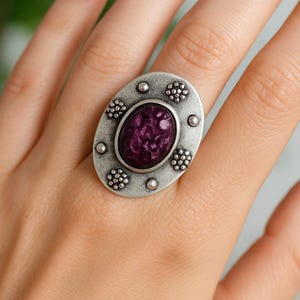 Boho Floral Ring with Purple Or Green Stone Antique Silver Plated Adjustable Jewelry. Handmade Statement Piece, Festival & Ethnic Style.
