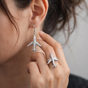Ladies Silver Airplane Drop Earrings & Matching Ring. Travel Lover Jewellery. Eye Catching Statement Accessories For Work, Everyday, Holiday