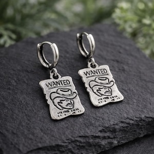 Unisex Handmade Silver "Wanted Man" Dangle Earrings, Western Cowboy Jewelry For Him/Her, Eye Catching, Symbol, Party, Work Gift Accessories