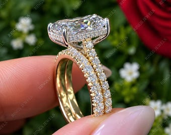 4CT Radiant Cut Moissanite Wedding Bridal Set With Round Eternity Band 14K Gold Hidden Halo Wedding Bridal Set Promise Ring Anniversary Ring