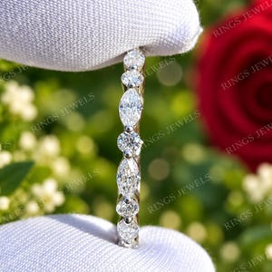 1 TCW Marquise And Round Cut Moissanite Wedding Band | Lab Grown Diamond Alternating Eternity Band | 14K gold Delicate Stacking Ring | Gift
