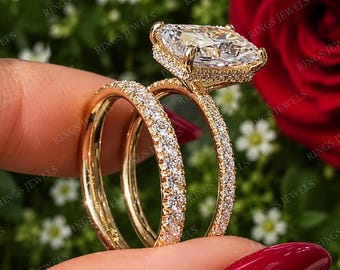Anillo de compromiso de moissanita de corte radiante de 3 quilates con halo oculto, oro de 14 quilates, para boda, novia, anillo de promesa para mujer, anillo de aniversario.