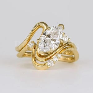 2 CT Marquise Cut Moissanite Engagement Ring, 14k Solid Yellow Gold Art Deco Ring set, Bridal Set, Unique Ring Set, Anniversary Ring Set