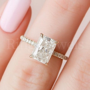 2.5 CT Radiant Cut Moissanite Engagement Ring, Cathedral Setting Hidden halo Vintage Ring, 14K Solid Gold Pave Set Side Stone Promise Ring