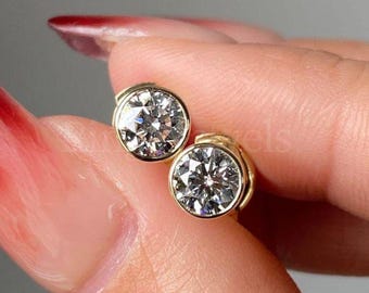 Bezel Set Lab Grown Diamond Stud Earrings  Round Diamond Earrings 14K Gold Earrings Minimalist Stud Earrings Statement Earrings Gift Mom