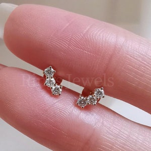 Three Stone Moissanite Stud Earrings For Women, Birthday/Anniversary Gift For Her, 14k Gold Round Cut Moissanite Earrings, Anniversary Gift
