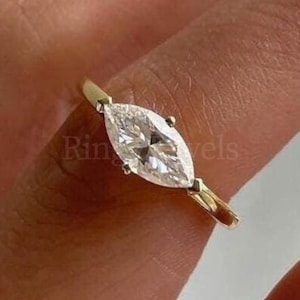 1 CT Marquise Cut East West Moissanite Engagement Ring 14K Solid Gold Ring Stacked Beautifully Anniversary Ring Promise Solitaire Ring Gift