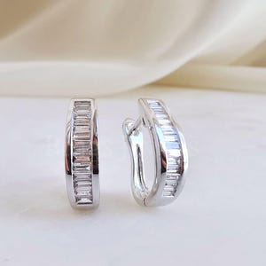 Channel Set Baguette Moissanite earrings 14k Gold Moissanite Huggies Sterling Silver Hoop Earrings Simulated diamond Bridal Earrings