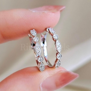 Round Cut Moissanite Diamond Hoop Earrings Dainty 14k Gold Mini Flower Earrings Milgrain Setting Solid Gold Huggies Minimalist Jewelry Gift