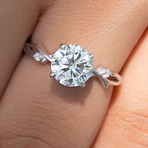 Vintage Round Moissanite Engagement Ring Nature Inspired Leaf Wedding Ring 14k White Gold   Vintage Floral Promise Ring Anniversary Ring