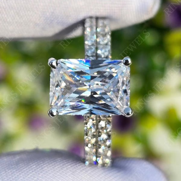 Anillo de compromiso de moissanita de corte radiante de 4 quilates, conjunto de anillo nupcial con halo oculto único, regalo para ella, anillo de compromiso nupcial.