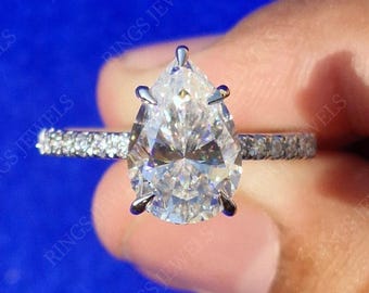 3CT Pear Moissanite Engagement Ring Hidden Halo 14K Gold Pave Setting Pear Cut Bridal Ring Anniversary Gift Bridal Gift Pear Wedding Ring