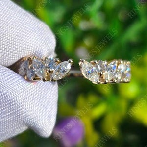 Unique Open Open Cuff Round & Marquise Cut Moissanite Wedding Band 14K Gold Half Eternity Band Vintage Anniversary Band Stackable Band Gift