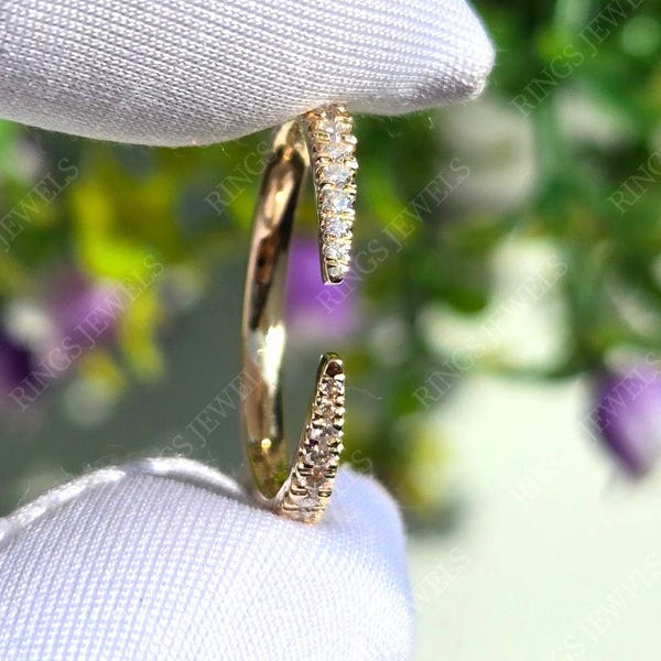 Open Cuff Claw Lab Grown Diamond Ring, Pave Diamond  Wedding Band, half Eternity  Matching Band, Open Gap Spacer Ring, Thin Stacking Ring