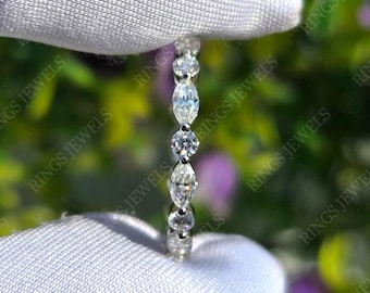 1 TCW Marquise and Round Cut Lab Grown Diamond Wedding Band Alternating Moissanite Band Full Eternity Band Stackable Band Christmas gift