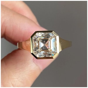 4 CT Asscher Moissanite Ring, Bezel Set Engagement Ring, Signet ring, 14K Yellow Gold Solitaire ring, Proposal Ring, Statement Ring for her