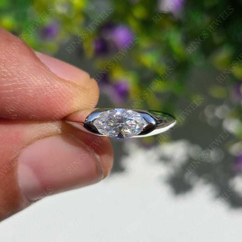 1 Ct Marquise Cut East To West Set Moissanite Engagement Ring Bezel Set Solitaire Ring Half Bezel Setting Marquise Cut Ring Wedding Ring