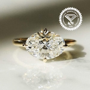 Hidden Halo East to West 2.5CT Oval Cut Lab Grown Diamond Engagement Ring 14k Gold Claw Prongs IGI Certified Solitaire Engagement Ring gift