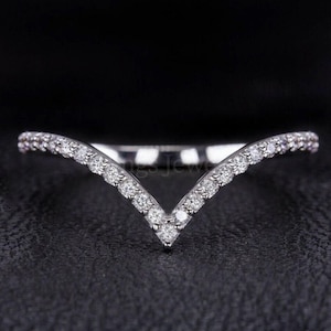 V Shaped Moissanite Diamond Wedding Band, Full Eternity 14K White Gold Matching Band, Antique Chevron Band For Women Gift, Unique CZ Band