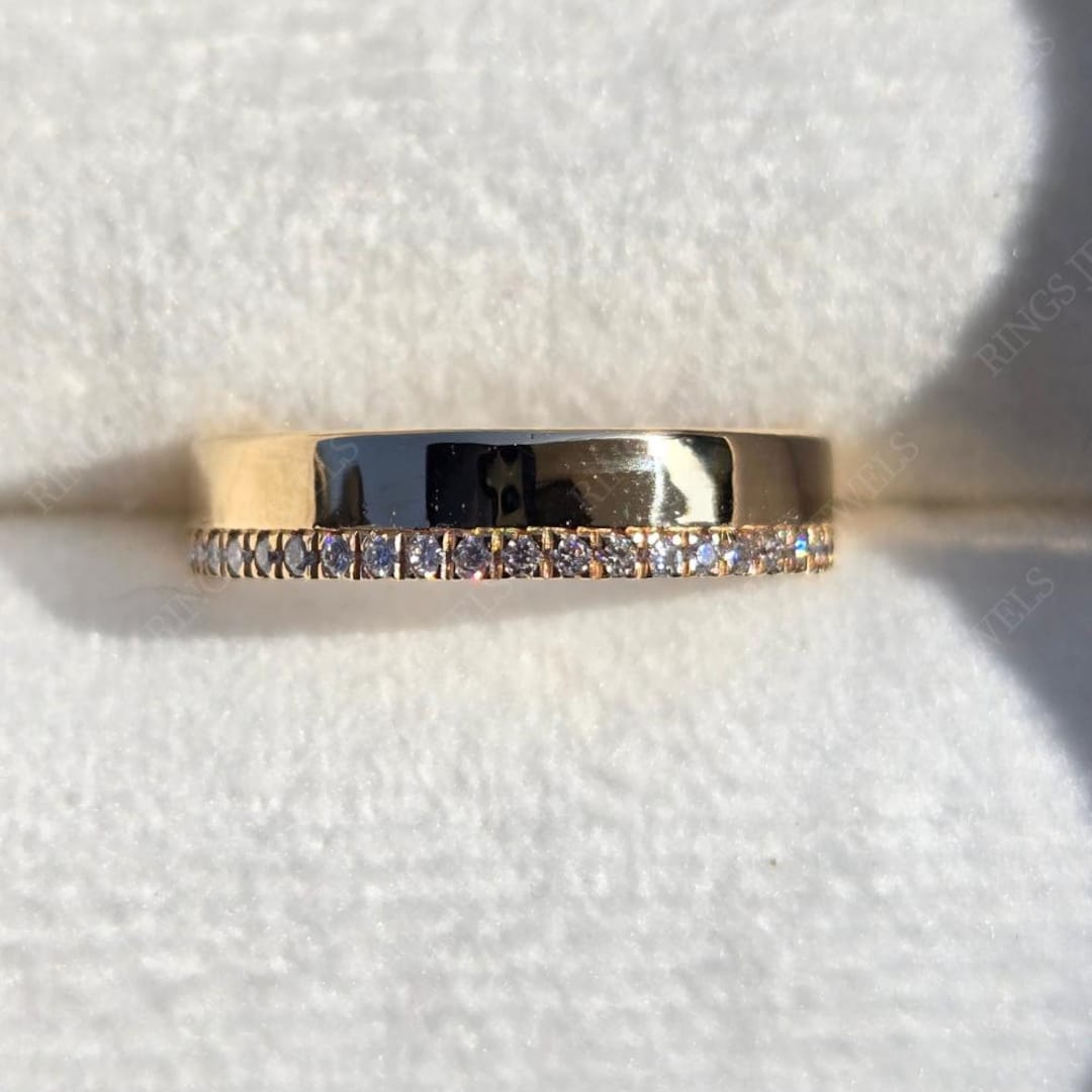One Side Pave Wedding Lab Grown Diamond Half Eternity Flat Band 14k ...