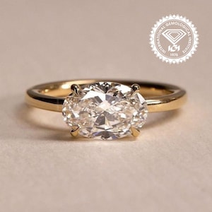 2 Carat Oval Cut IGI Certified Lab Grown Diamond Solitaire Ring East to West Stylish Engagement Ring 14K Yellow Gold Wedding Ring For Women