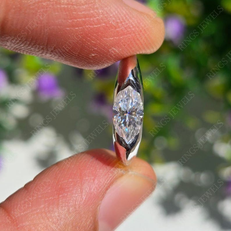 1 Ct Marquise Cut East To West Set Moissanite Engagement Ring Bezel Set Solitaire Ring Half Bezel Setting Marquise Cut Ring Wedding Ring