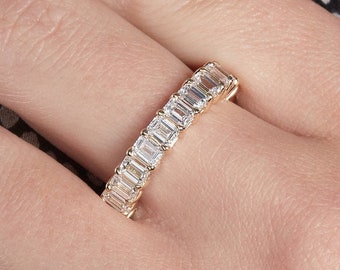 Full Eternity Emerald Cut Moissanite Wedding Band for Woman Simulant Diamond Wedding Band Stackable Band Emerald Cut Minimalist Promise Band