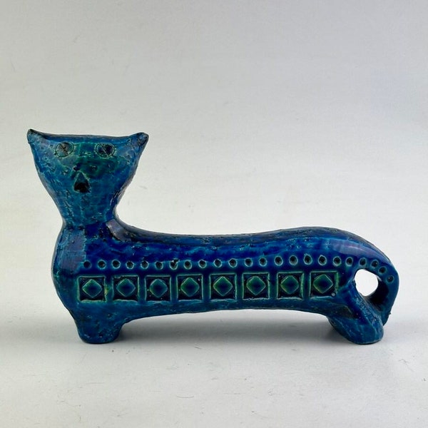 BITOSSI tube-shaped CAT in Rimini blue glaze, 18cm long. Mid-century vintage.