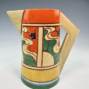 Clarice Cliff SUNRISE (orange) pattern large conical jug, 18cm. Art Deco, circa 1929.