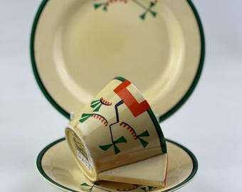 Clarice Cliff RAVEL pattern conical trio (cup, saucer & plate), circa 1931. Art Deco!